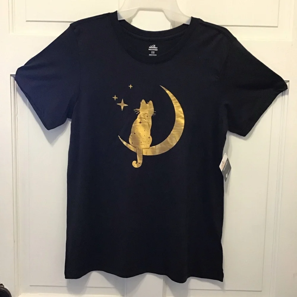 Halloween Womens Black Meow Moon Cat Short Sleeve Tee Shirt - Picture 6 of 11